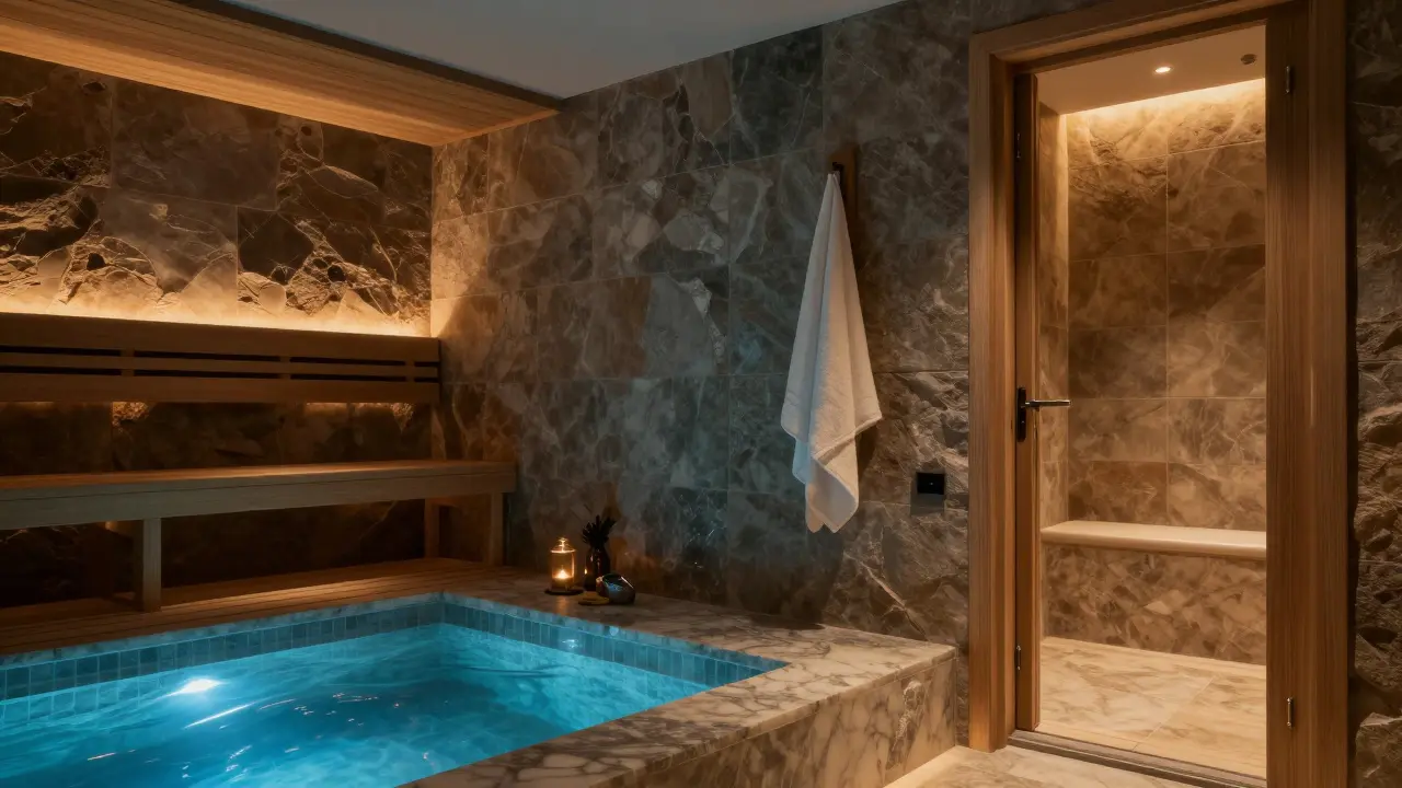 A luxury Dubai spa with sauna, cold plunge, and steam room, featuring wooden benches and stone flooring in tranquil lighting.