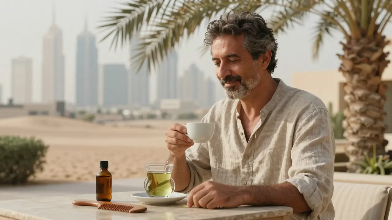 A man smiling after a head spa, holding green tea in a calm Dubai spa setting.