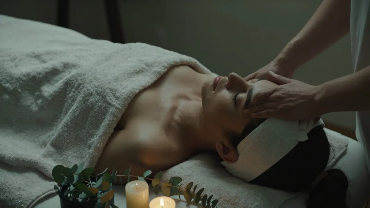 A person lying on a massage table with a towel, eyes closed, in a softly lit spa room with eucalyptus and a candle.