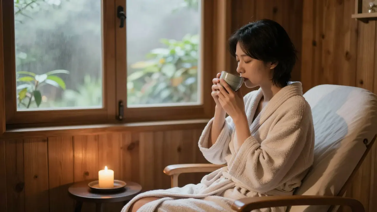 A person relaxing in a quiet lounge with herbal tea and a flickering candle.