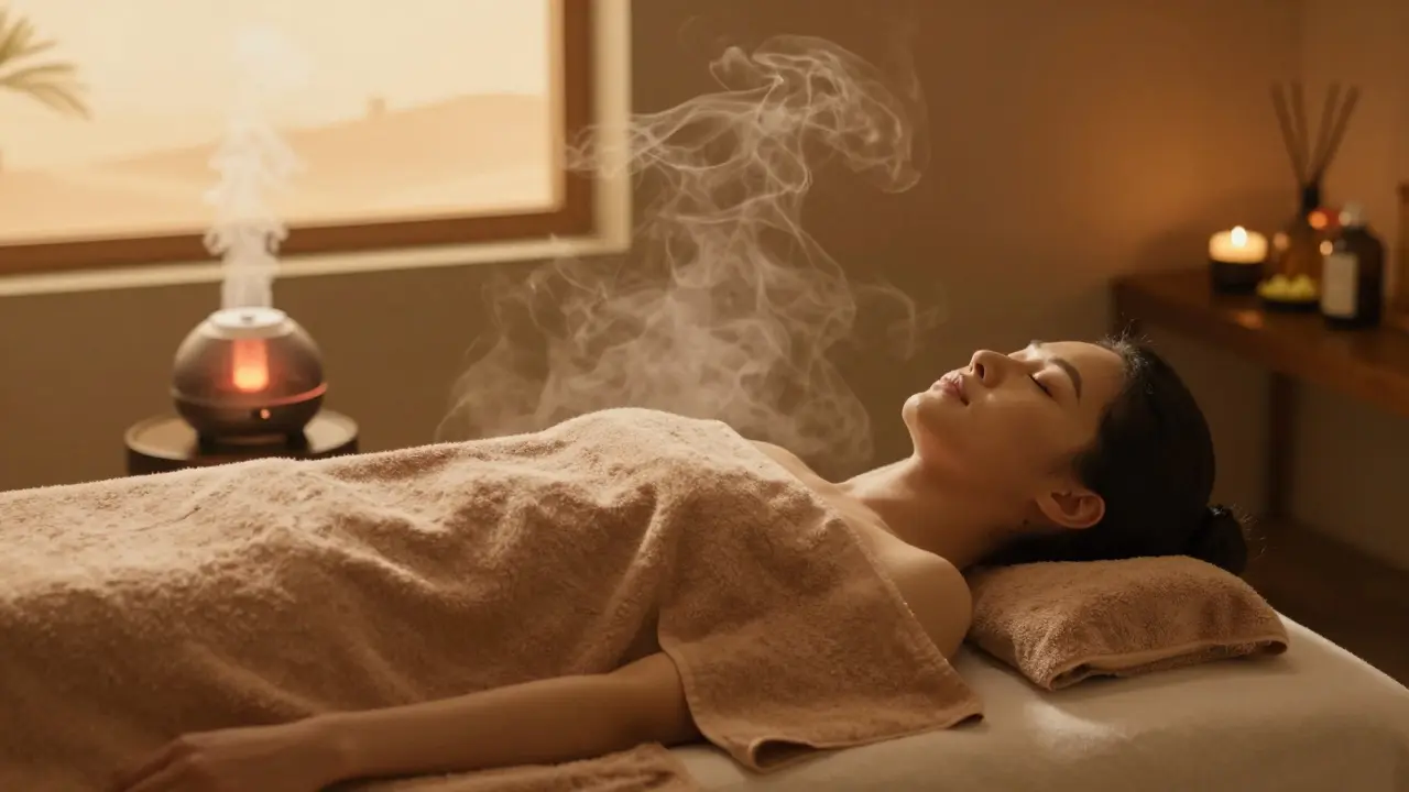 A person resting on a heated massage table, covered with a warm towel, in a serene steam-filled environment.