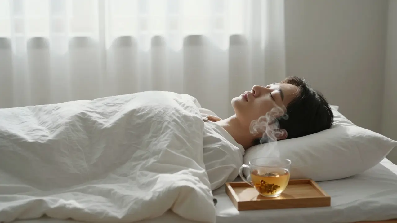 A person resting under a blanket after a spa treatment, sipping herbal tea in quiet, peaceful surroundings.