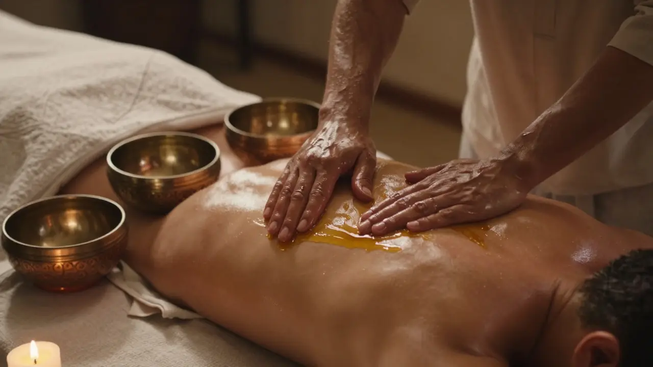 A traditional Arabian oil massage with golden oil being applied to skin.
