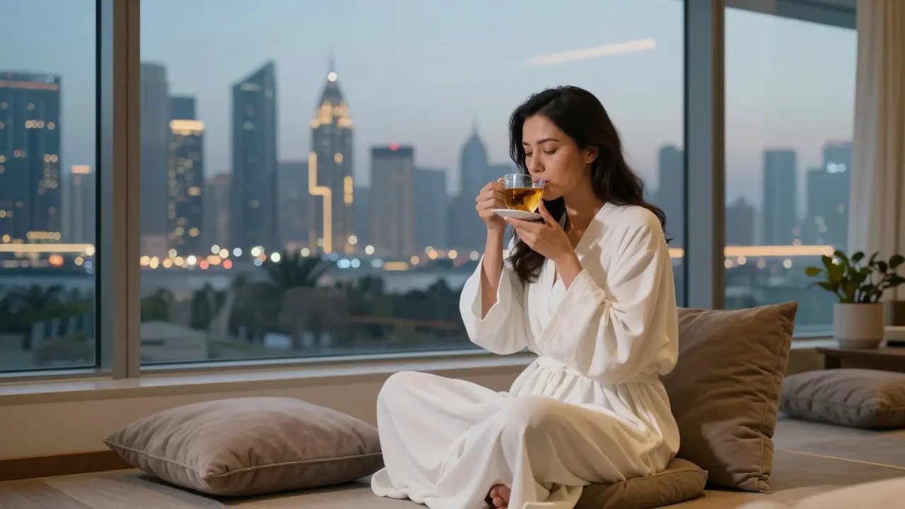 A woman in a robe sipping tea in a quiet lounge, overlooking Dubai's skyline at dusk.