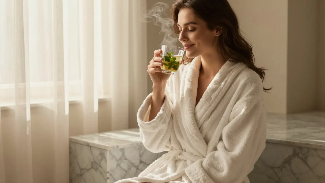 A woman sipping mint tea after a hammam, wrapped in a white robe.