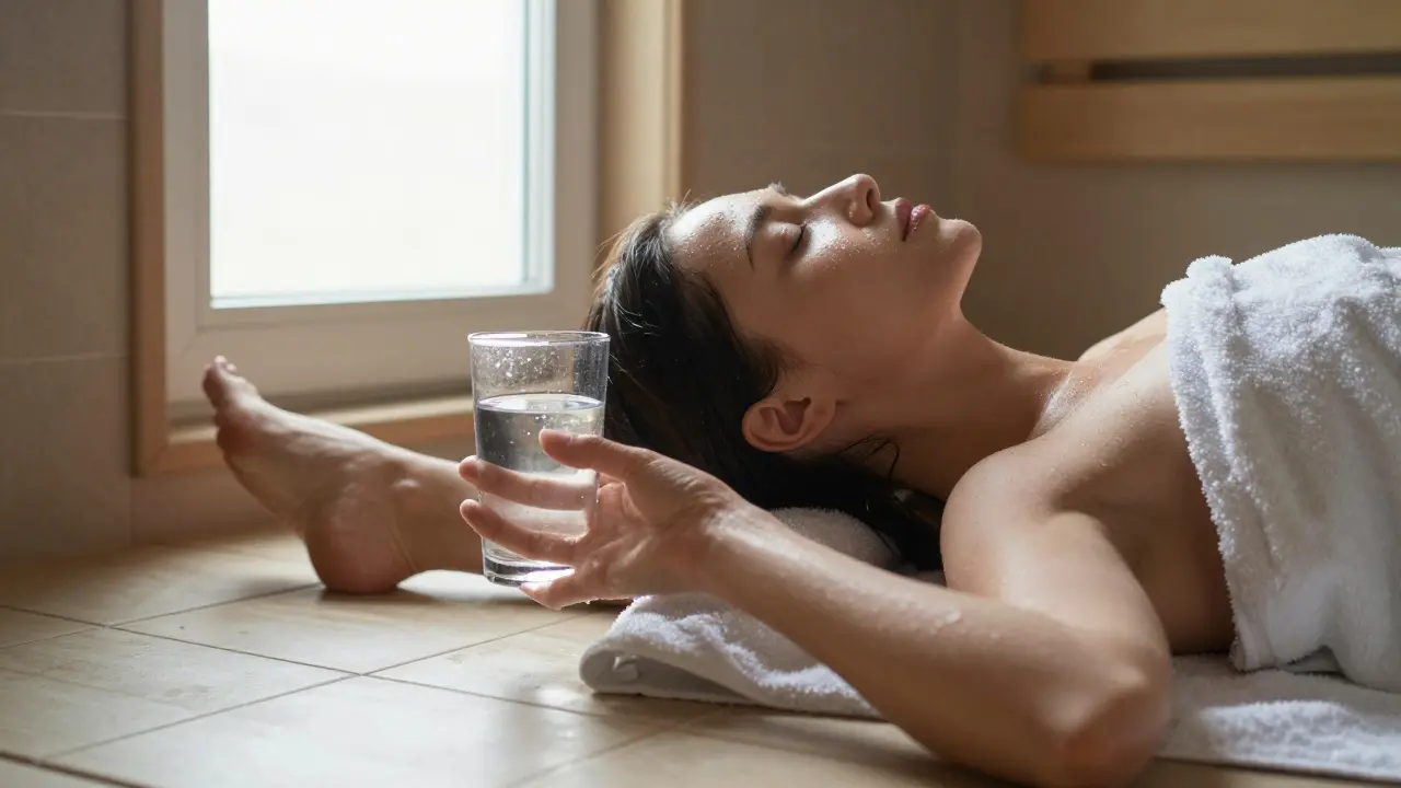 A woman stretching and drinking water after a sauna session, barefoot on cool tile.