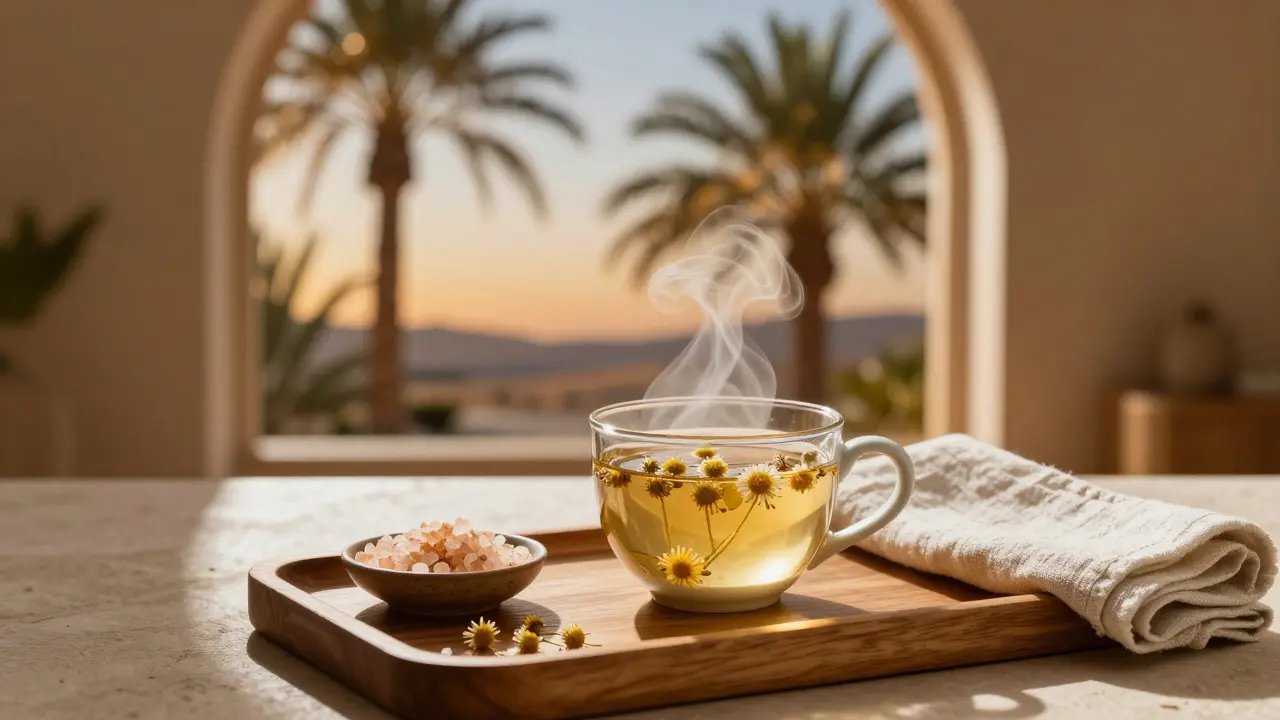 A wooden tea tray with herbal tea, dried flowers, and desert salts beside a window showing palm trees at twilight.