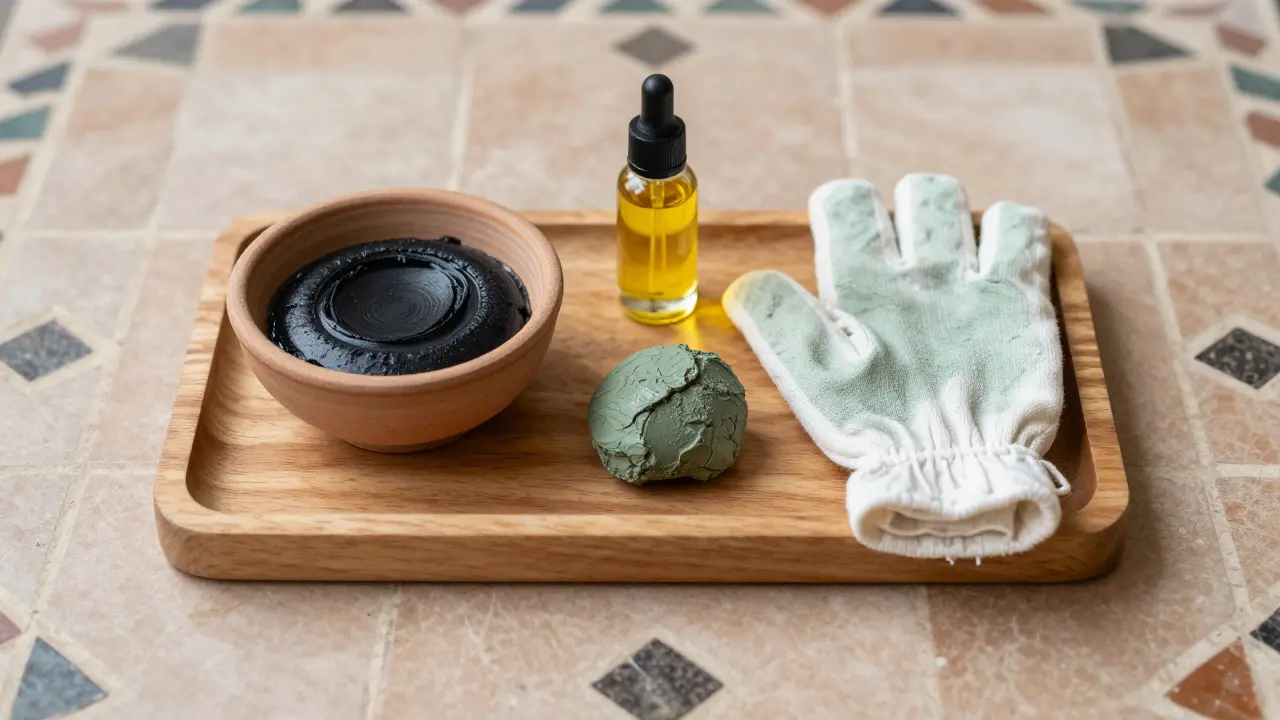 A wooden tray with traditional Moroccan bath items: black soap, green clay mask, and kessa glove.