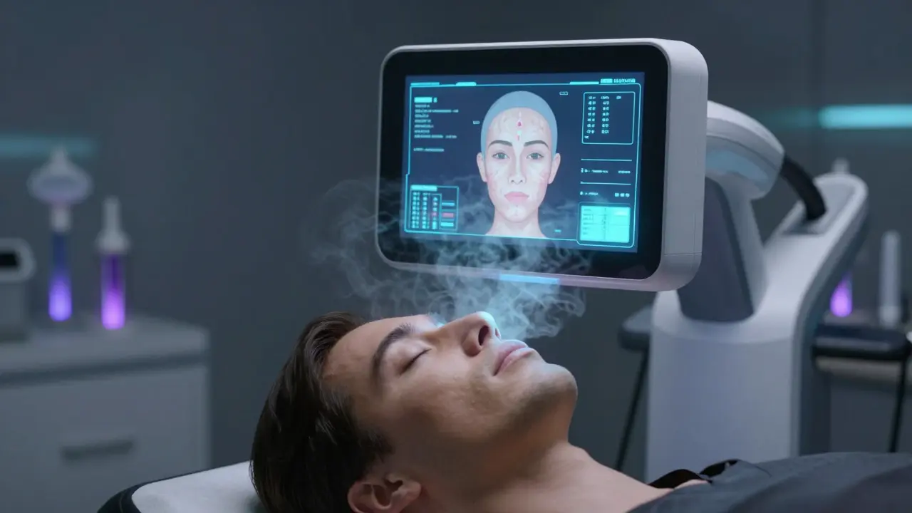 An AI skin scanner analyzing a guest's face in a futuristic spa treatment room with lavender mist.