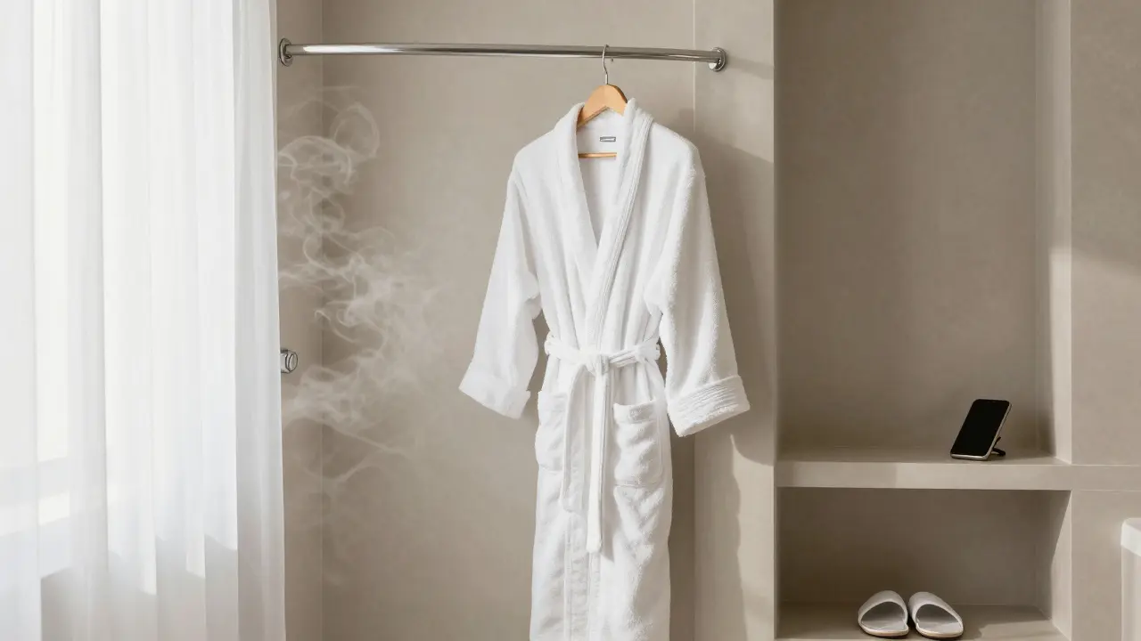 An empty spa robe and slippers in a clean changing room, with a silenced phone on a shelf and steam from a shower.