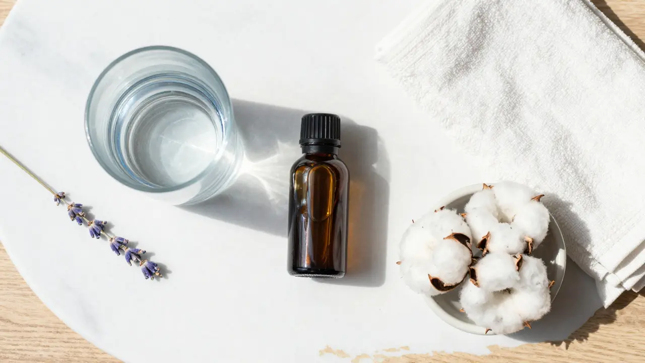 Arrangement of water and oils symbolizing home wellness self-care routine.