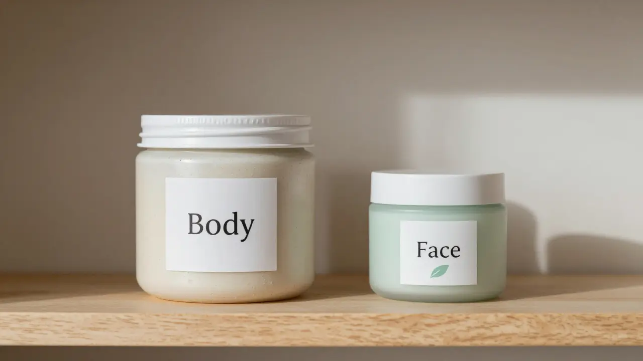 Bathroom shelf with separate jars labeled 'Body' and 'Face', evoking mindful skincare separation