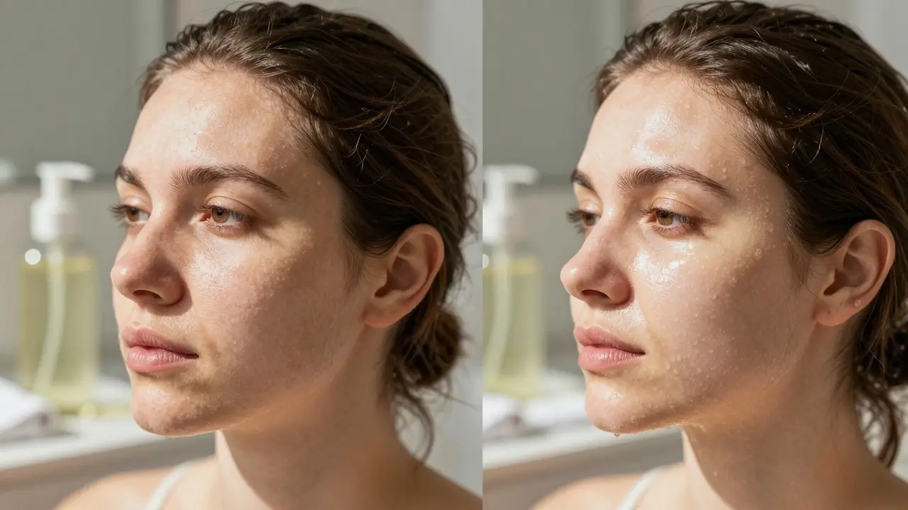 Before-and-after comparison of dull versus glowing skin after scrubbing