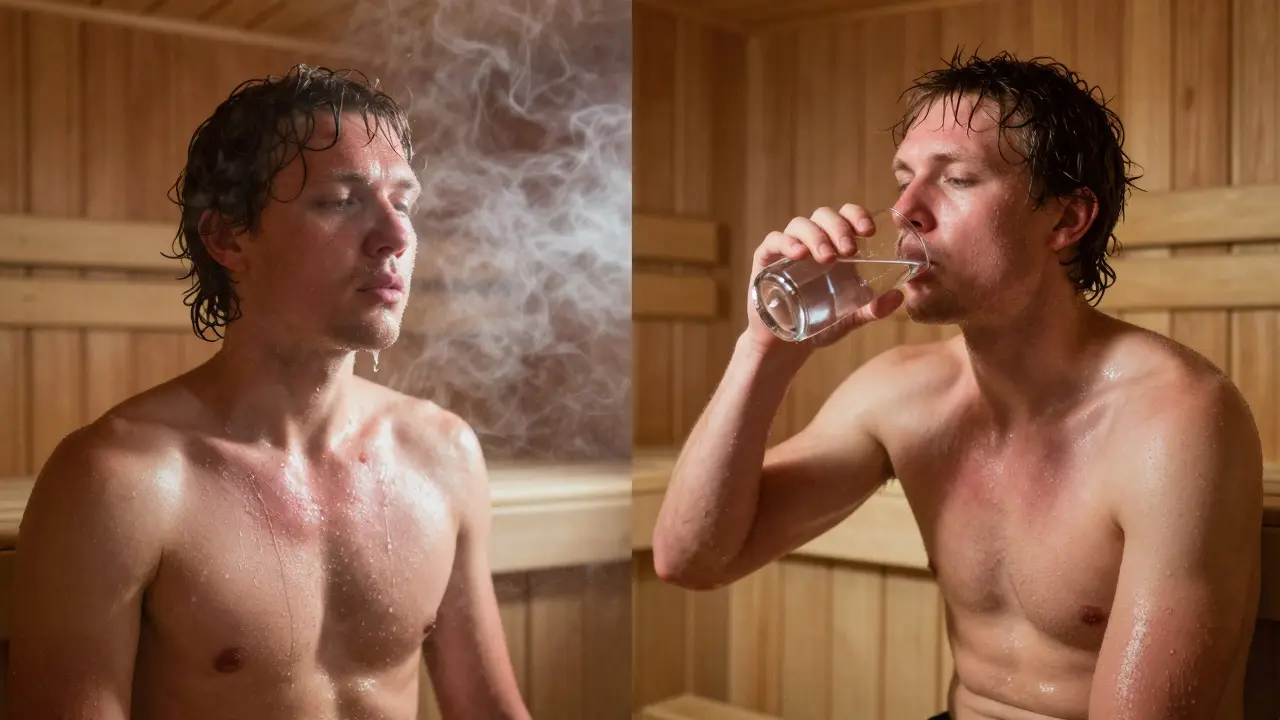 Before and after: one side shows sweating in a hot sauna, the other shows calm recovery in a cool room with water.
