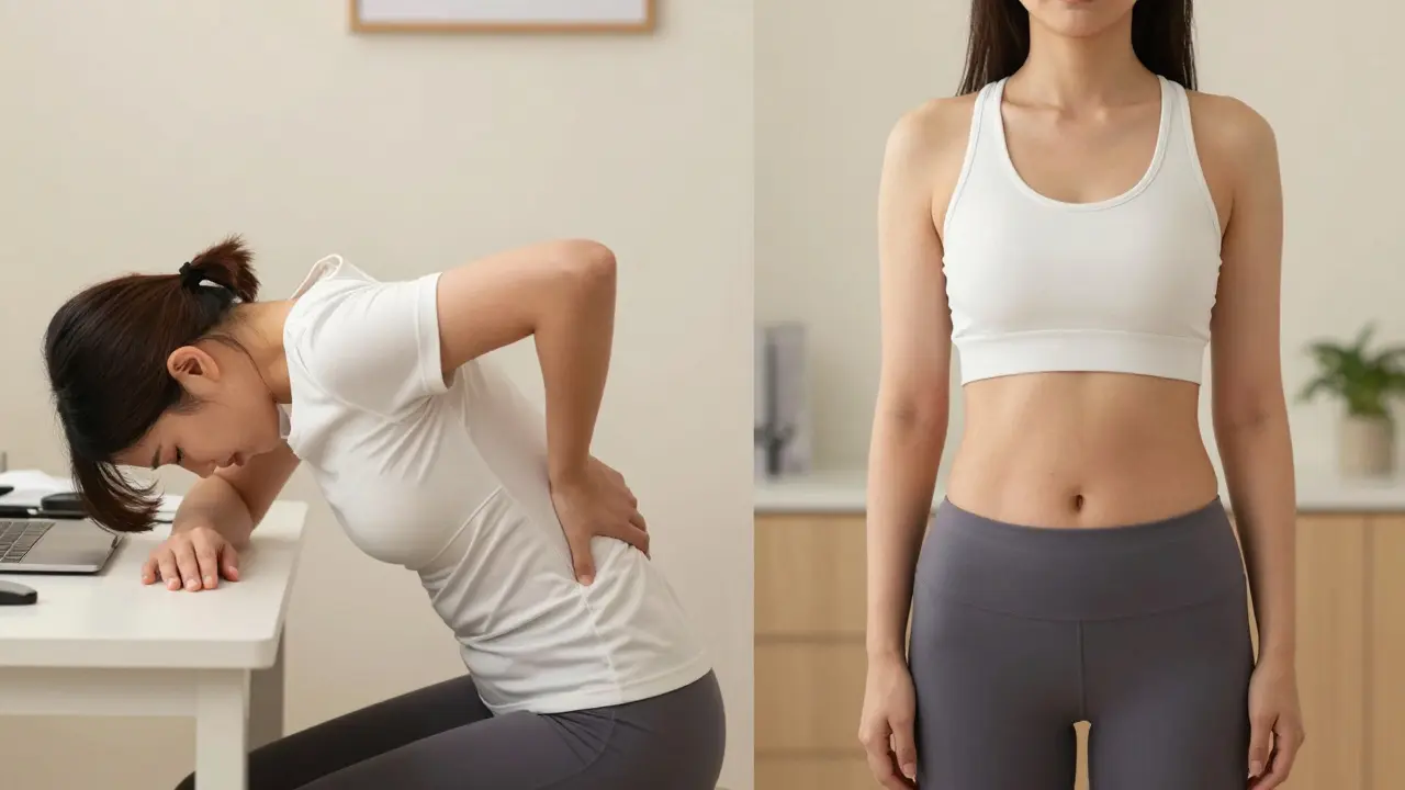 Before-and-after posture comparison showing improved alignment after pelvic muscle therapy