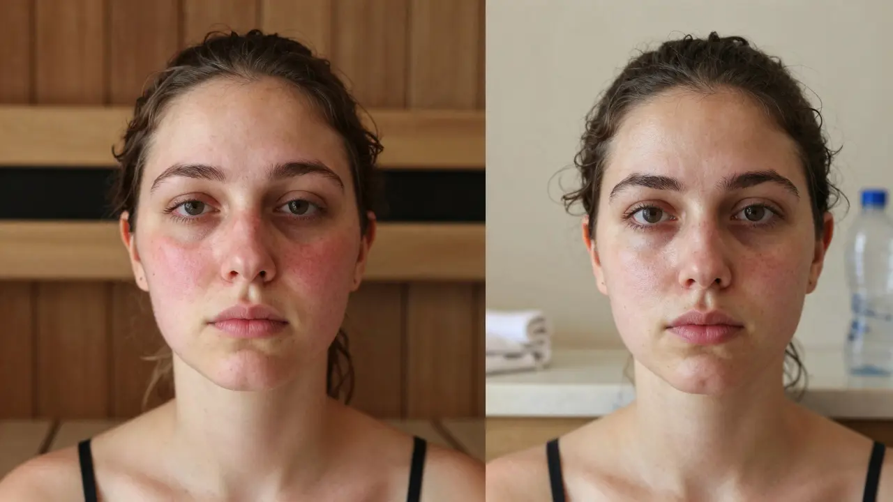 Before-and-after view of a person's face showing reduced puffiness after a sauna session in Dubai.