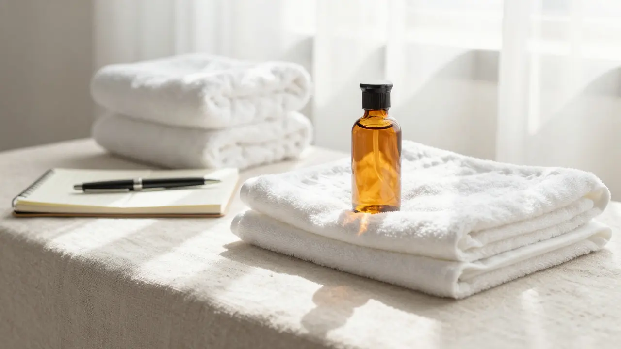 Clean spa linens and massage oils arranged professionally