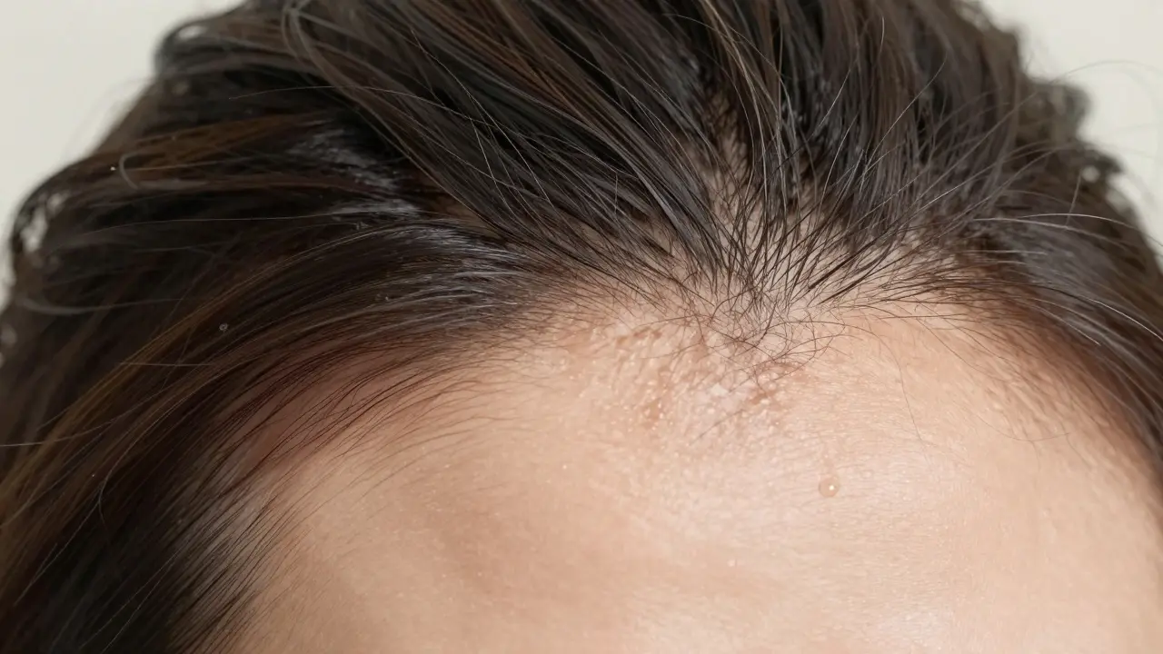 Close-up of a healthy scalp with natural oils and visible hair follicles.