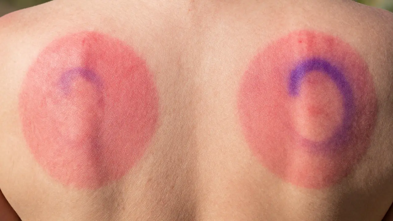 Close-up of circular red-to-purple cupping marks on skin with natural lighting.