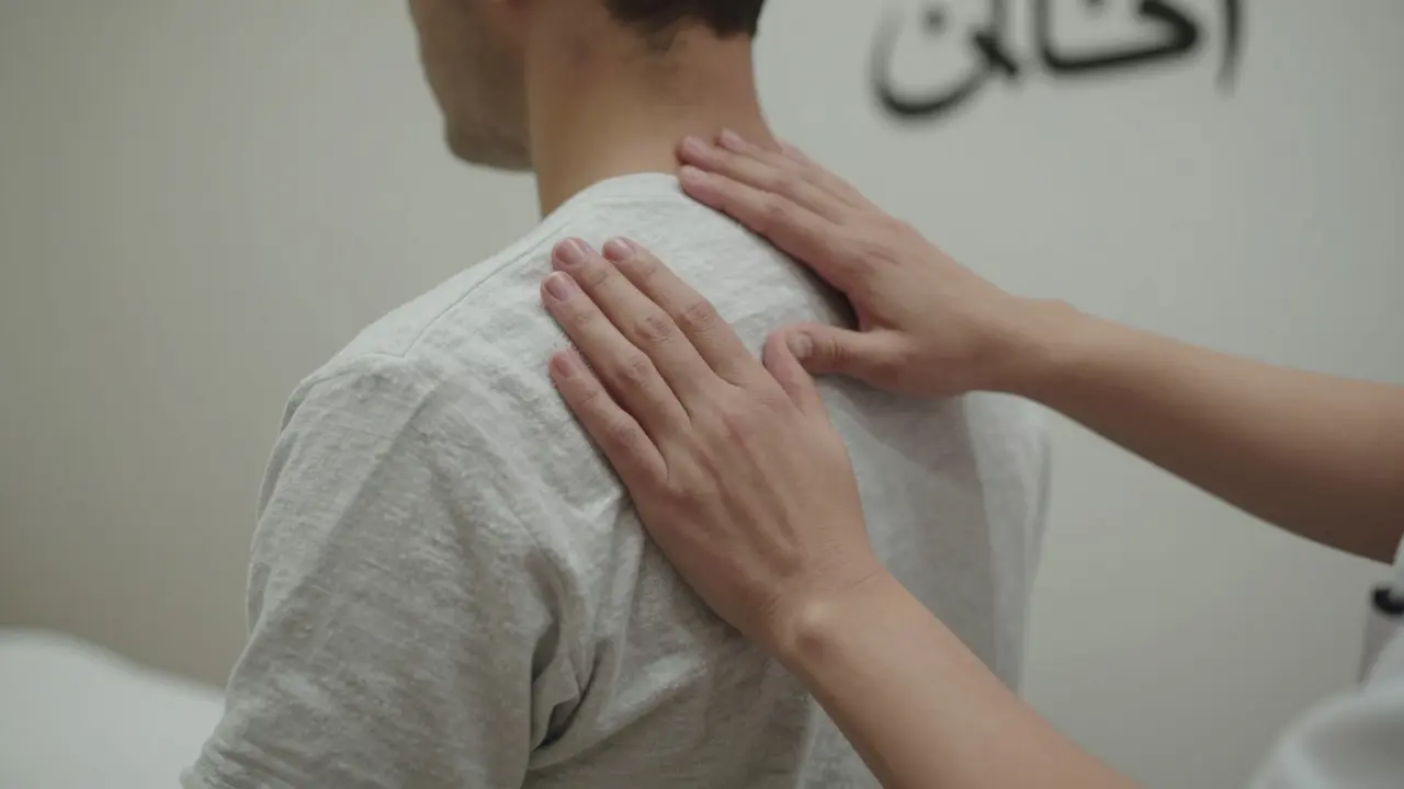 Close-up of hands massaging a shoulder through clothing and towels, with no skin exposed, in a professional Islamic-compliant session.