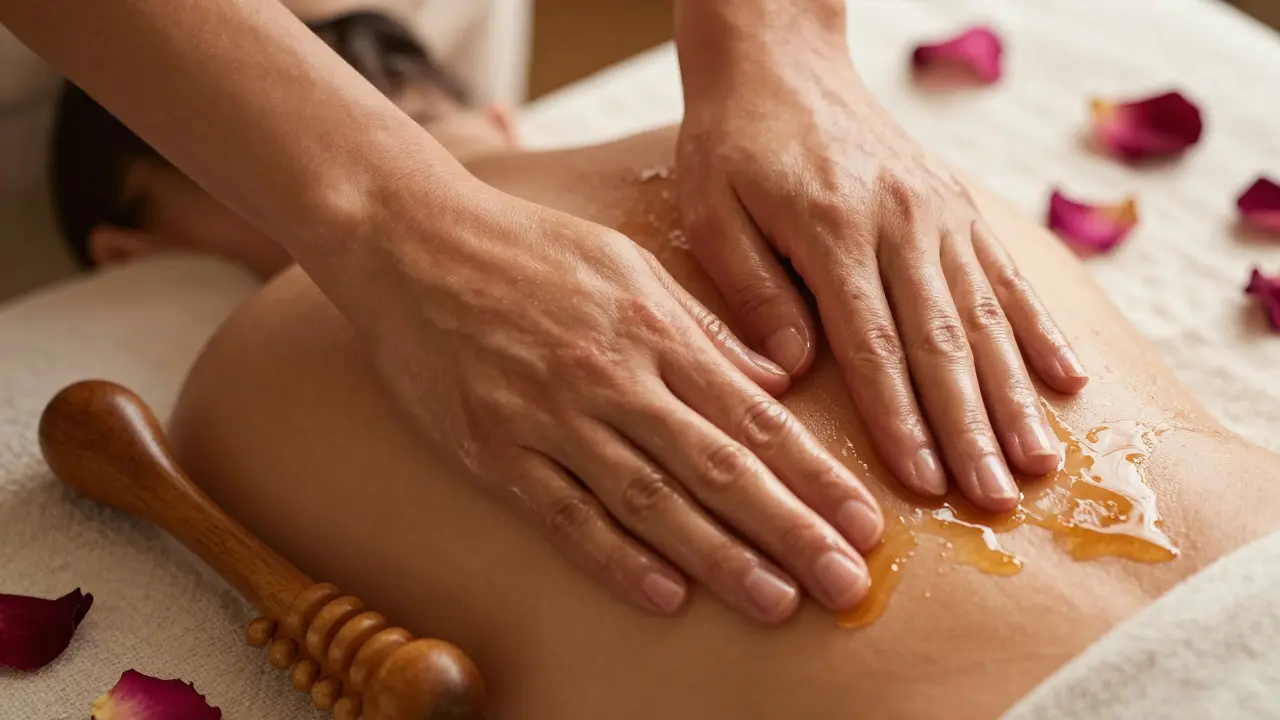 Close-up of hands receiving a warm oil massage with golden oil and rose petals on linen.