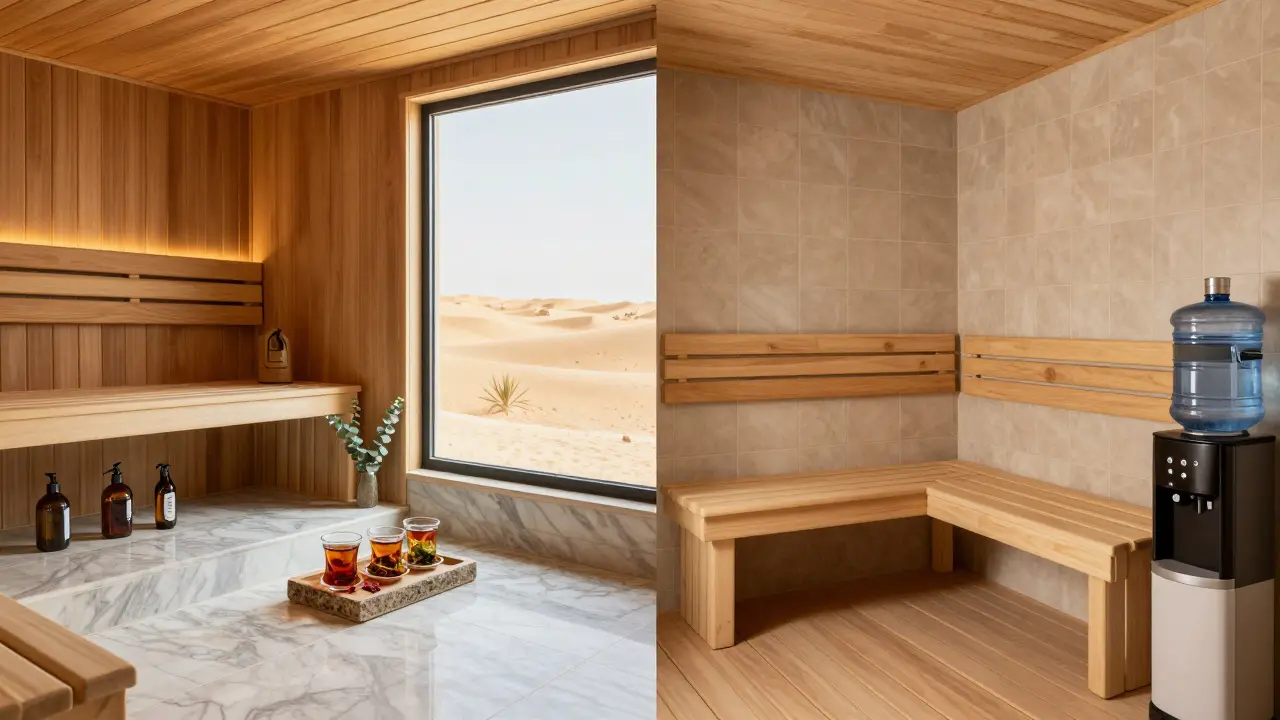 Comparison of a luxury hotel sauna and a simple community sauna side by side.
