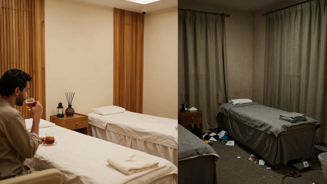 Comparison of a professional Dubai spa versus an unlicensed massage venue.