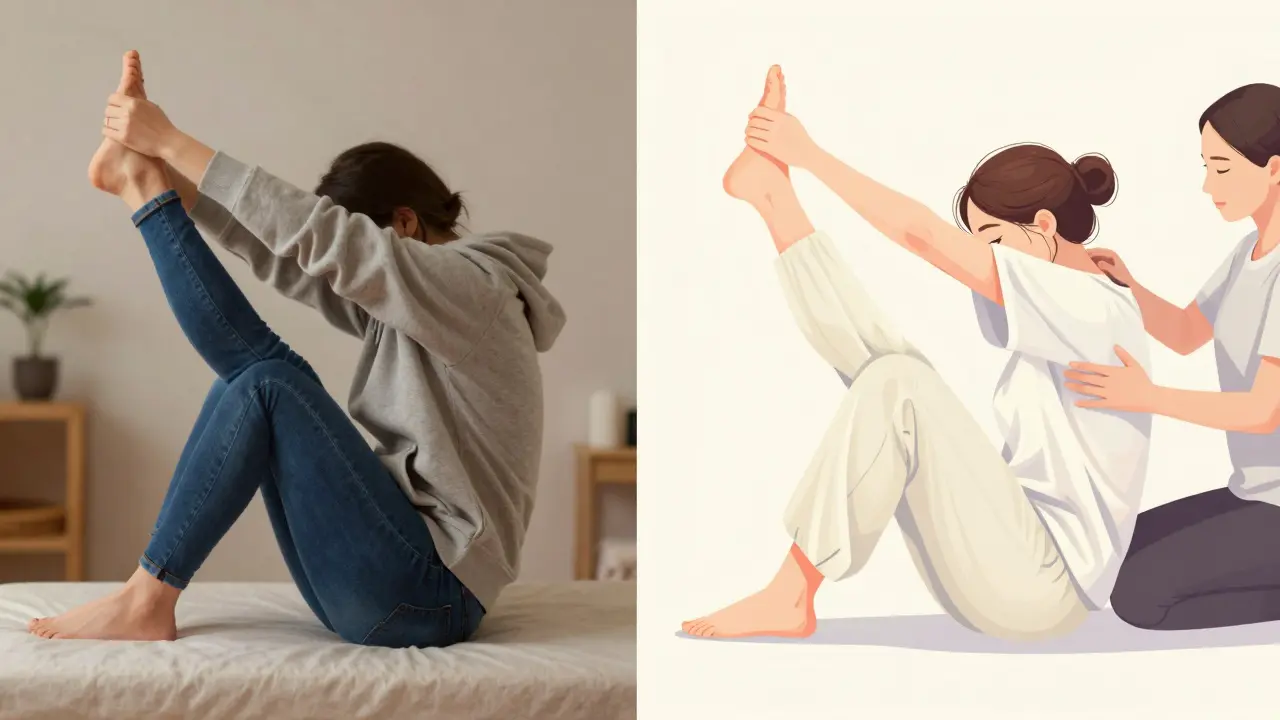 Contrast between tight clothing restricting movement and loose clothing allowing ease during Thai massage stretch.