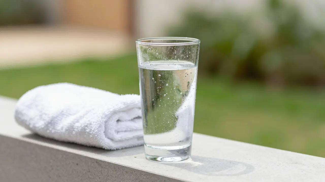 Glass of cold water on a stone ledge outside a wellness spa.