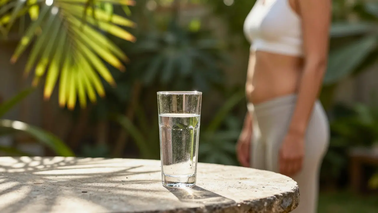 Glass of water on stone table in a serene garden with morning light.