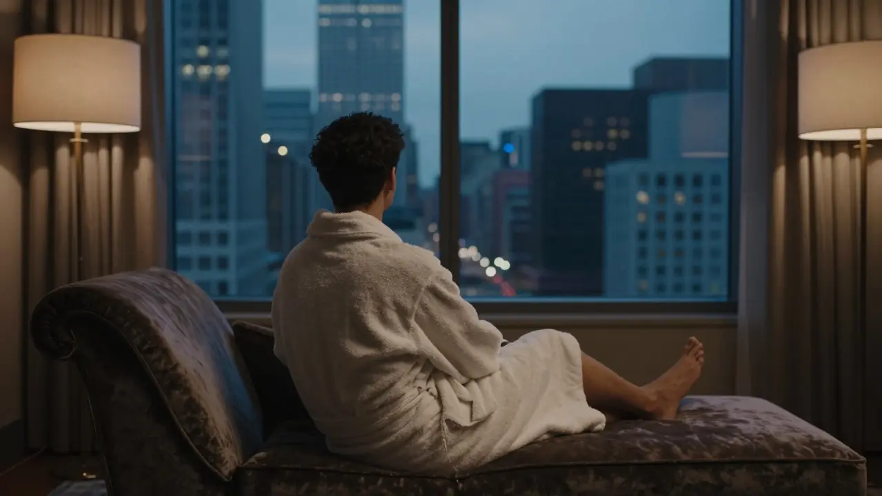 Guest relaxing in spa robe overlooking city lights