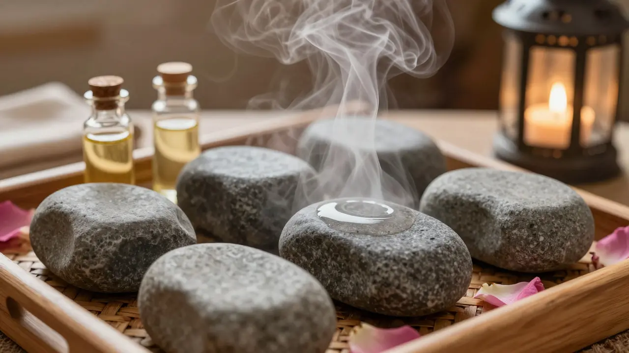 Hammam stones with essential oils and steam rising