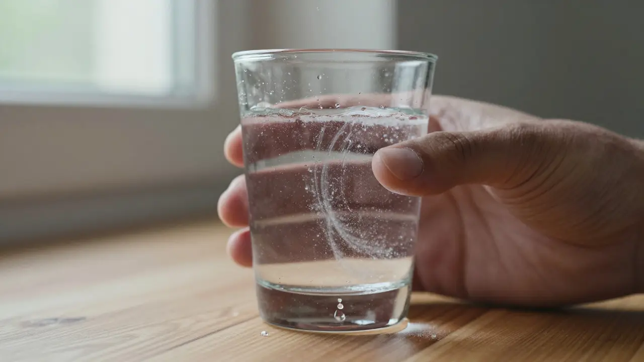 Hands holding a glass of water with electrolyte powder dissolving in it.