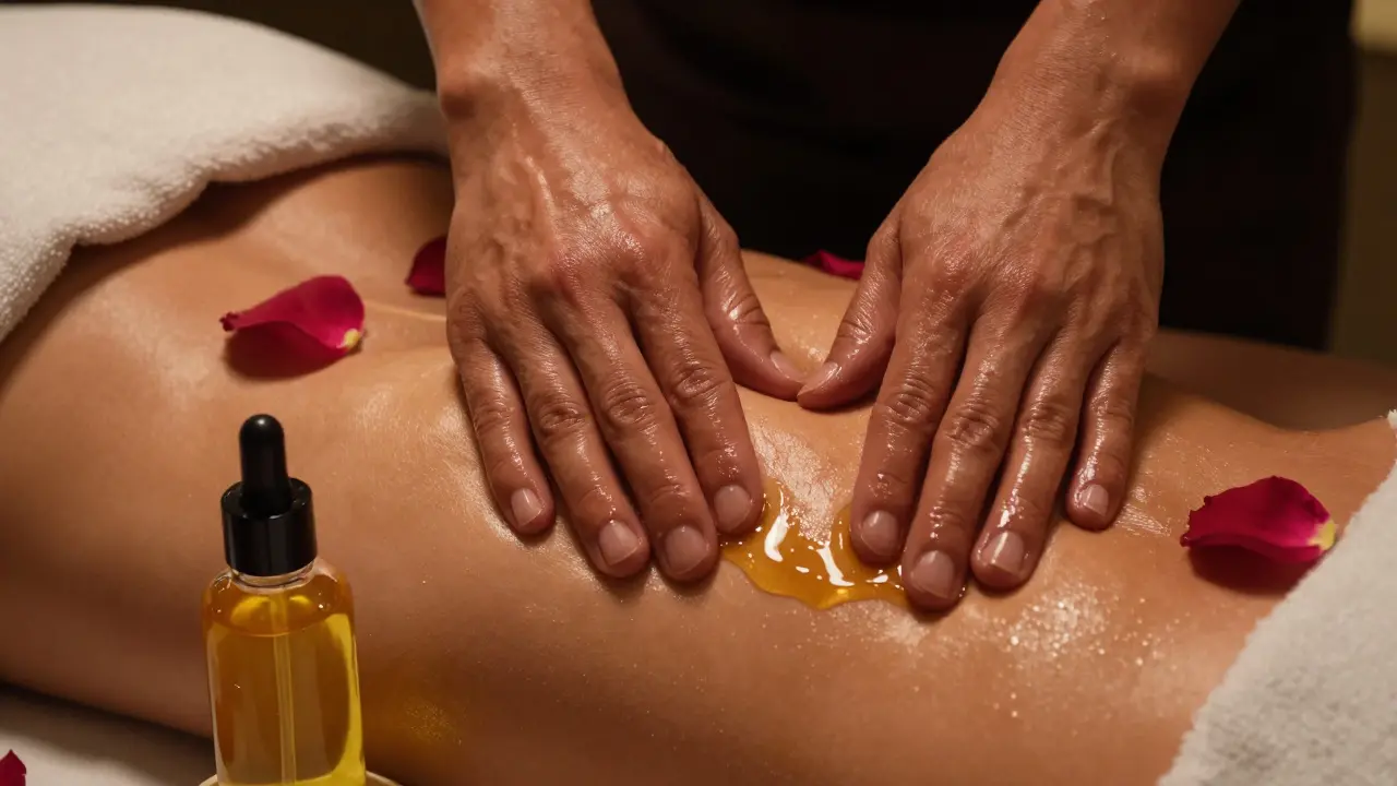 Hands receiving a massage with rich golden botanical oil and rose petals nearby.