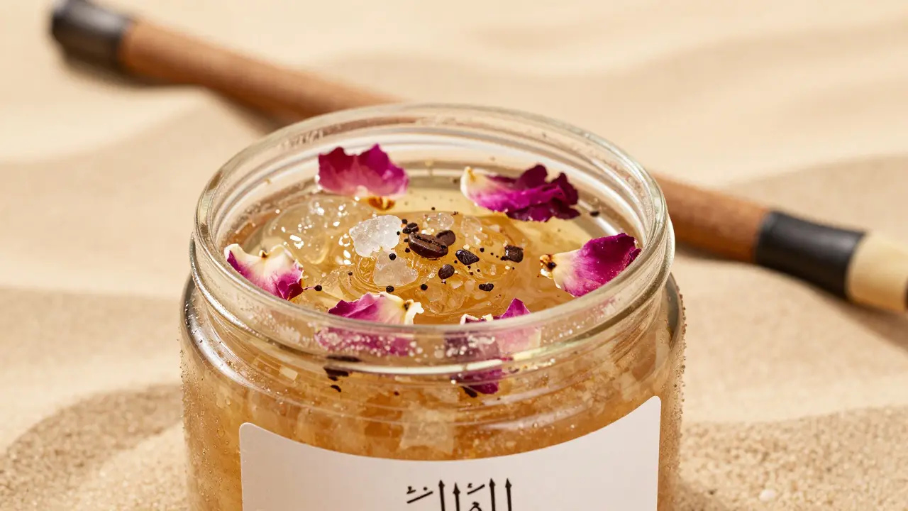 Jar of halal-certified body scrub with sugar, coconut oil, and rose petals