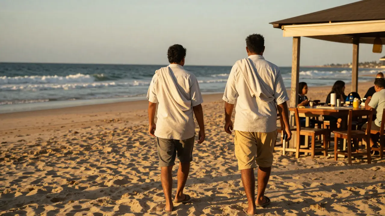 Men at Kite Beach wearing shorts with cover-ups draped over shoulders.