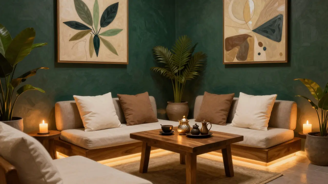 Peaceful spa lounge with candles and refreshments