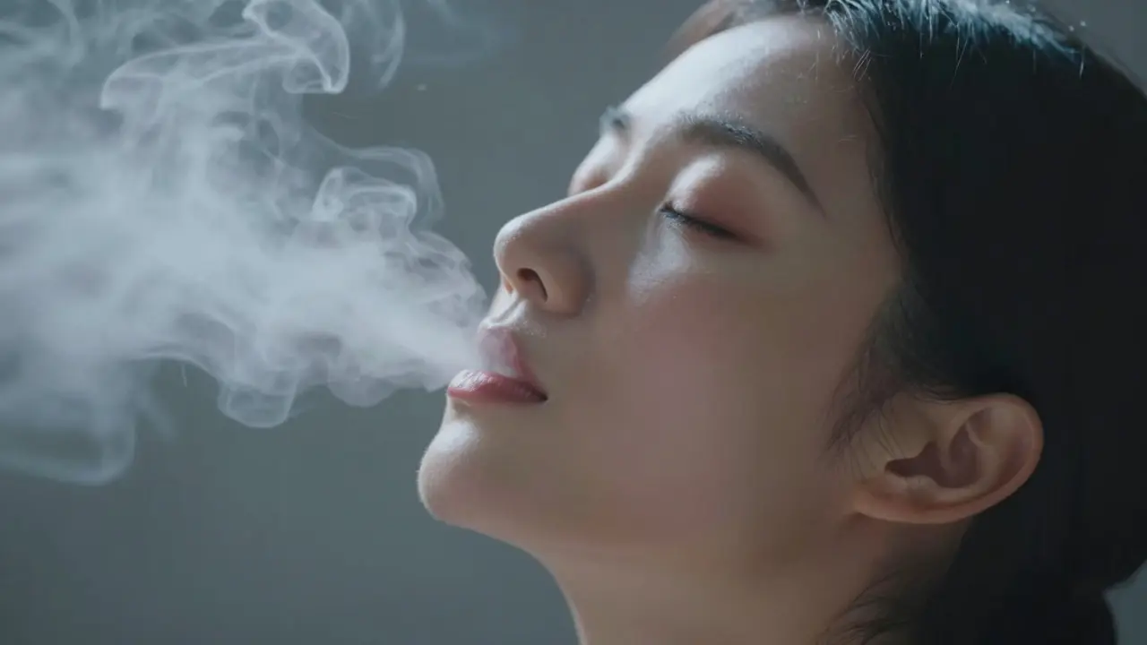 Person breathing deeply in a humid environment, steam swirling.