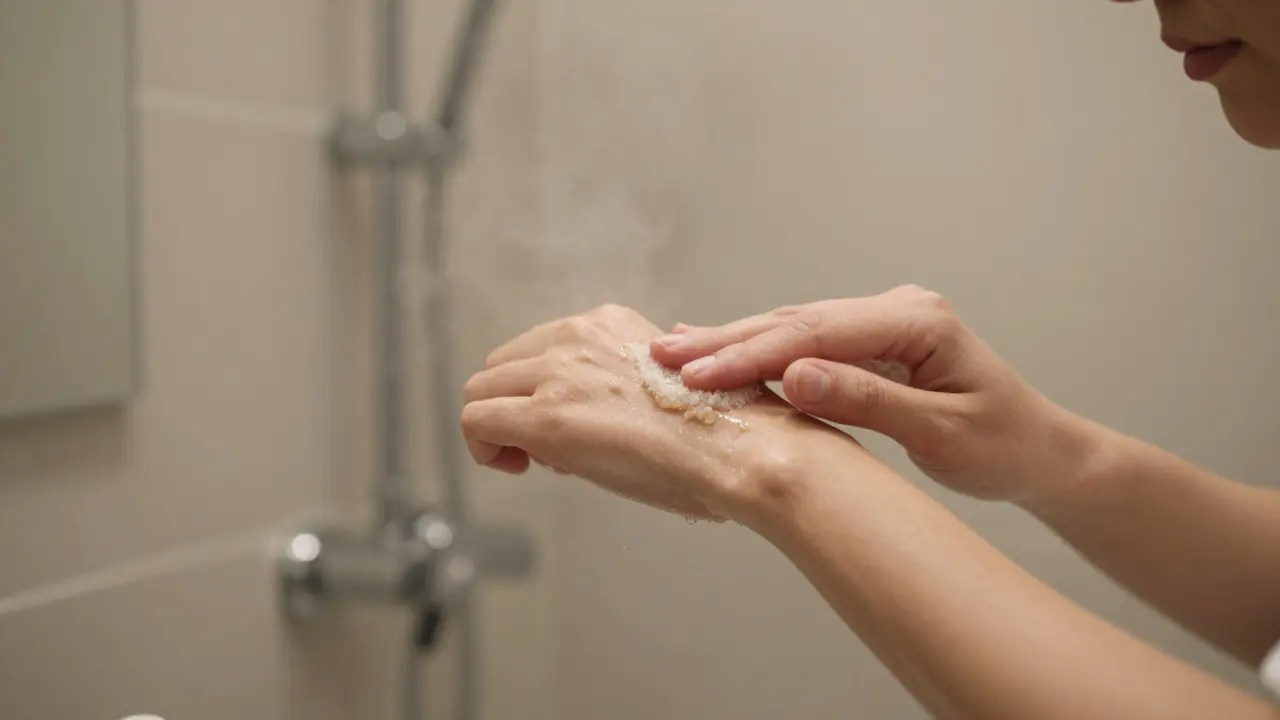 Person gently scrubbing arm with circular motions in soft bathroom light