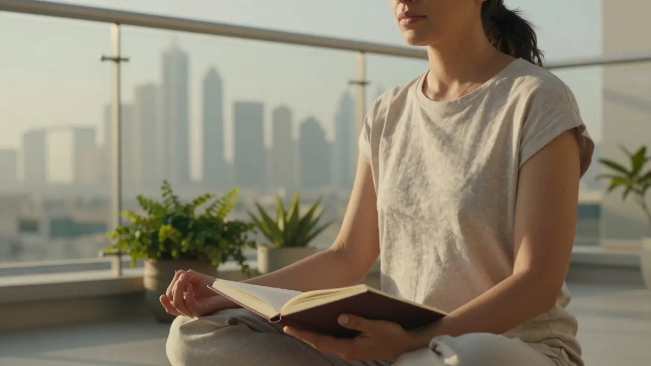 Person meditating with journal and plants in peaceful setting