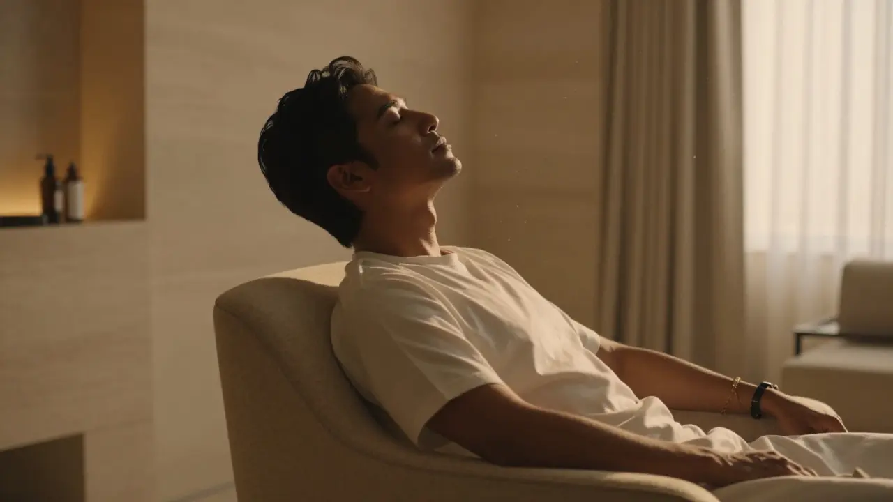 Person resting peacefully in a dimly lit room representing stress relief.