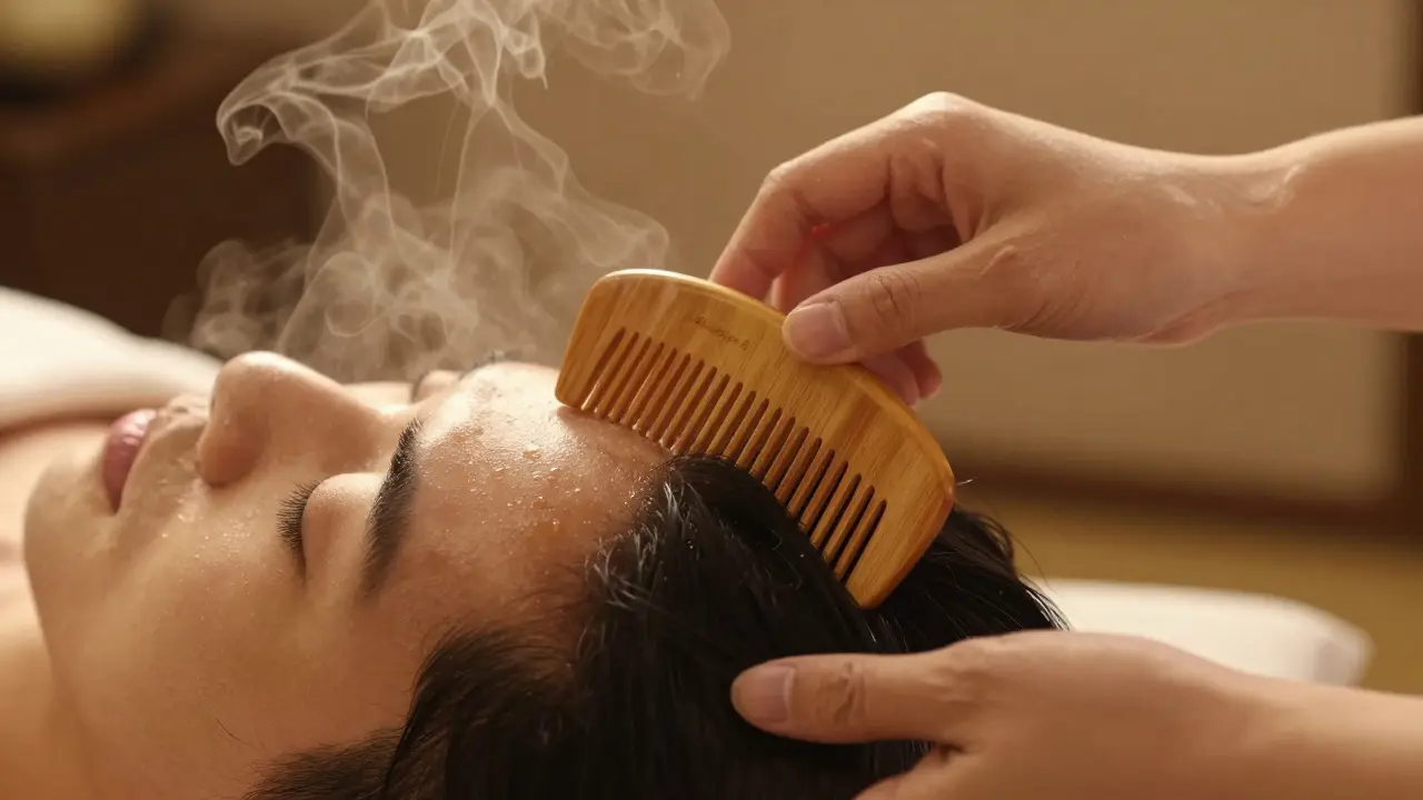 Practitioner's hands using a bamboo comb on a scalp with gentle steam rising during a head spa session.