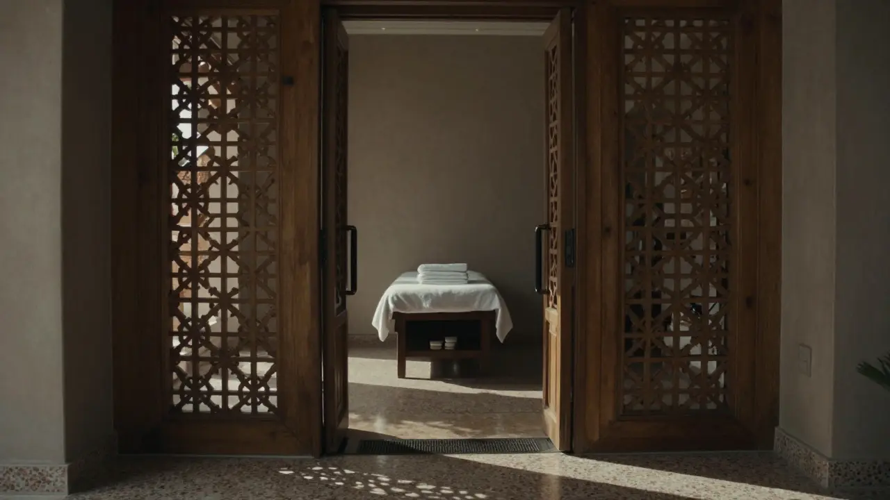 Private spa treatment room entrance with warm ambient lighting.