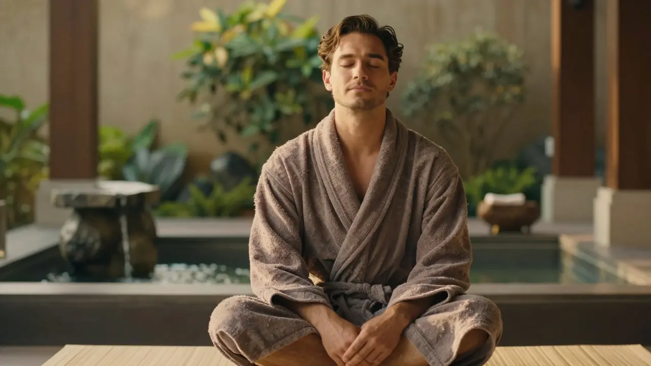 Relaxed traveler meditating in serene spa lounge