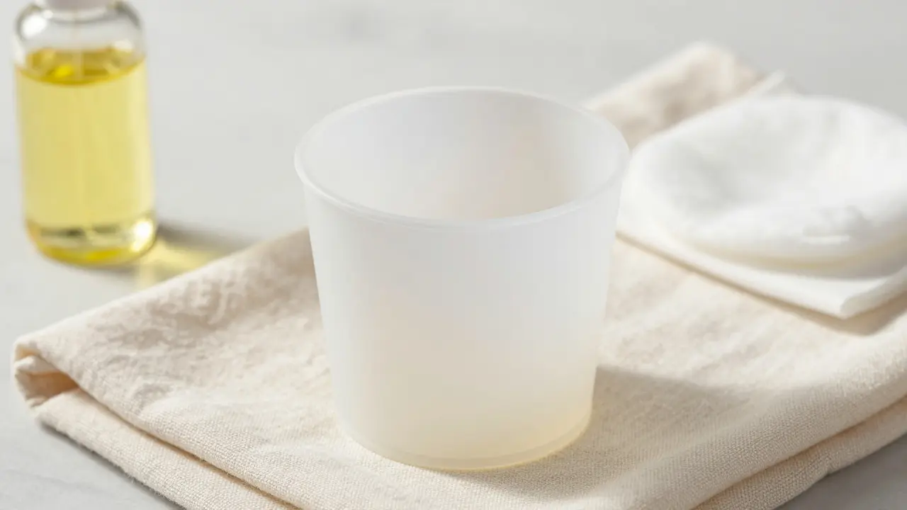 Sanitized silicone cup and oil bottle on clean linen