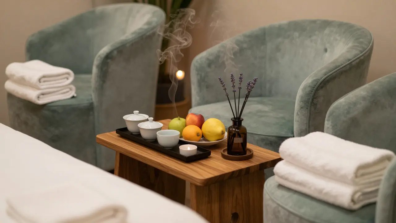 Serene relaxation lounge with plush seating and essential oil diffusers for wellness.