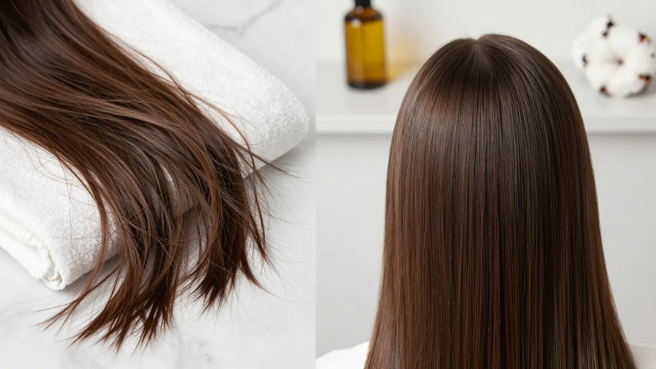 Side-by-side comparison of damaged hair versus hydrated hair after sauna treatment.