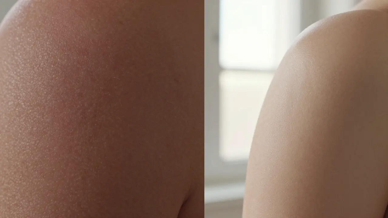 Side-by-side of rough bumpy skin versus smooth glowing skin