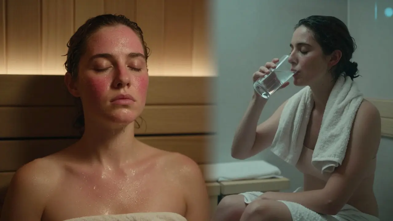 Side-by-side: person sweating in steam room and same person relaxing after, drinking water.