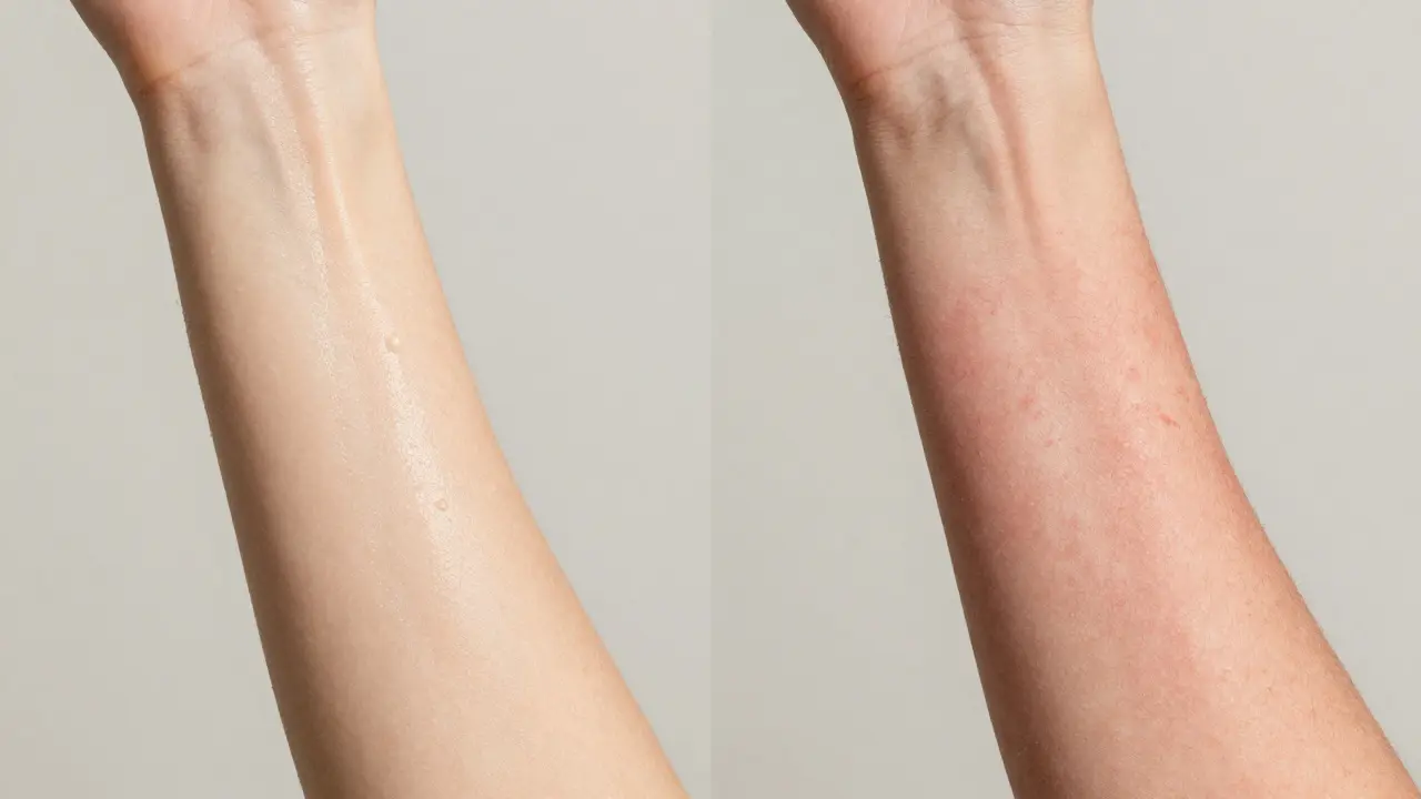Side-by-side: smooth glowing arm vs. dry, red irritated arm